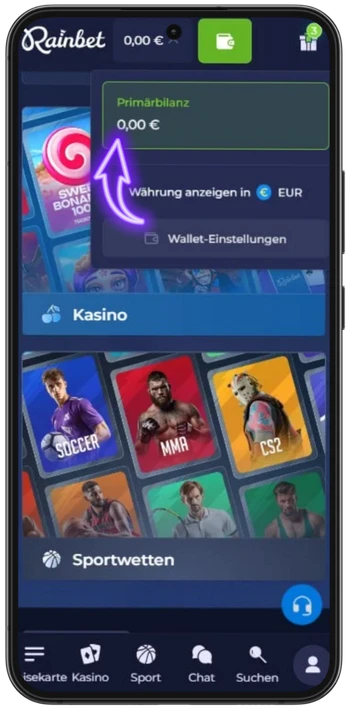 Rainbet Währung wählen