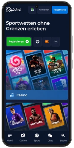 Rainbet Startseite mit Registrierungsbutton und Casino- sowie Sportbereich
