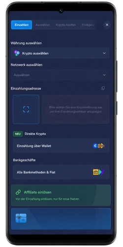 Einzahlungsseite von Rainbet mit Auswahl der Währung, des Netzwerks und der Zahlungsmethode