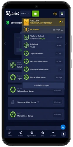 Rainbet Bonusmenü mit Belohnungen