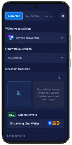 Rainbet Einzahlungsbildschirm mit Krypto-Auswahl und direkter Wallet-Option
