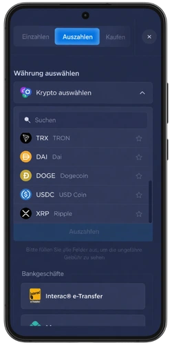 Rainbet Auszahlungsbildschirm mit Kryptowährungsauswahl wie DOGE, USDC und XRP