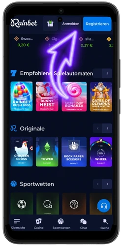 Rainbet Login-Button auf der Startseite