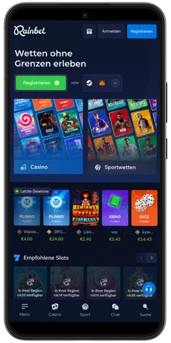 Rainbet Startseite auf dem Smartphone