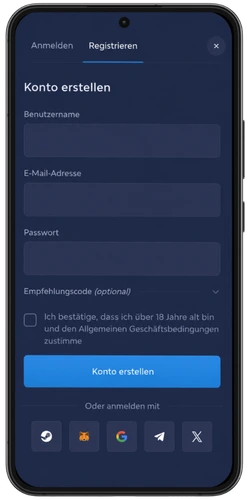 Rainbet Kontoerstellungsformular mit Feldern für Benutzername, E-Mail und Passwort