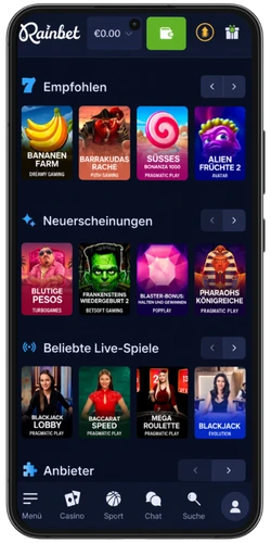 Rainbet Spielebereich mit empfohlenen Slots und beliebten Live-Spielen
