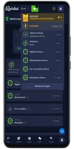 Rainbet-Bonusseite mit einer Übersicht über verfügbare Belohnungen wie Rakeback, tägliche und wöchentliche Boni